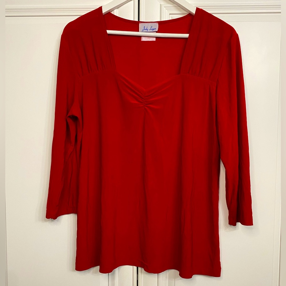 Judy Logan Size Large Red Silky Blouse V Neck with Ruching and 3/4 Sleeves X-mas